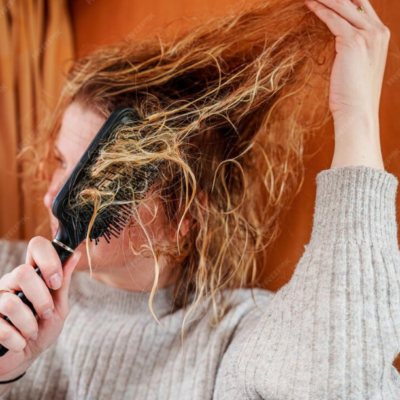 Girl trying to untangle frizzy hair with a paddle brush